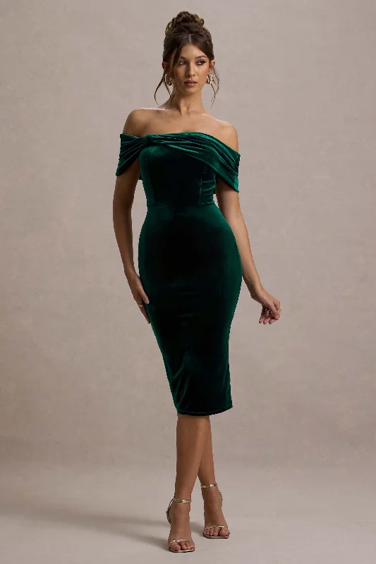 Special Promotion Snowflake | Bottle Green Velvet Bardot Bow Detail Midi Dress