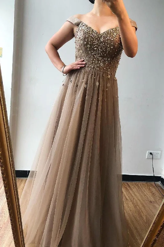 Closeout Sale Brown A-line Off-the-shoulder Beaded Long Prom Dresses Evening Gown