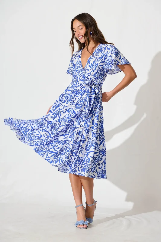 Extra Savings Kristianne Midi Dress In White With Blue Floral