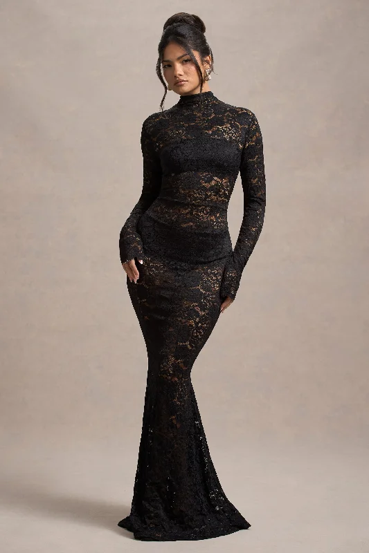 Exclusive Offers Delevingne | Black Lace Sheer Long-Sleeve Maxi Dress