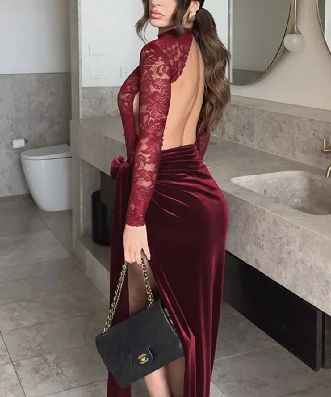 Exclusive Online Offer A&A Lace Velvet Wine Slit Maxi Dress
