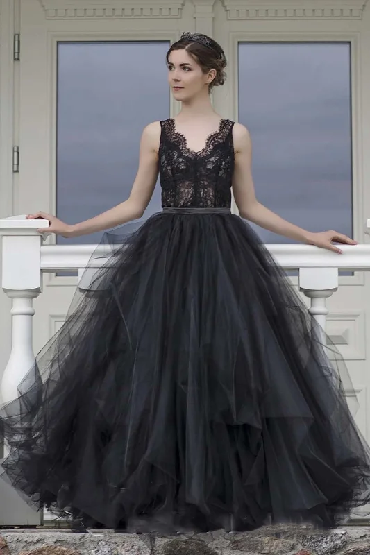 Super Sale A-line V-neck Lace Tulle Long Black Wedding Dresses