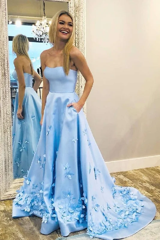Year-End Sale Beautiful Strapless Long Satin Light Blue Prom Dresses With Pockets