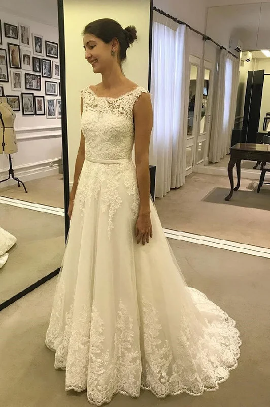 Can't Miss Simple Cap Sleeves Lace Appliques Tulle A Line Wedding Dresses