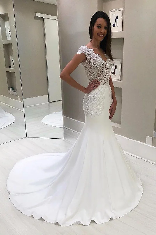 Price Drop Luxury V Neck Cap Sleeves Mermaid Wedding Dresses