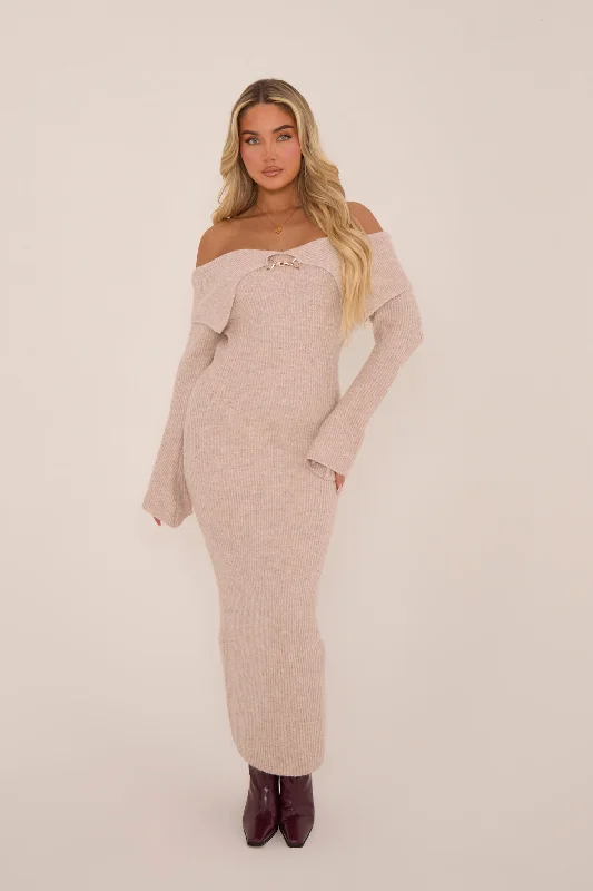 Deal Dash Beige Premium Knit Fold Down Midi Dress - Celia