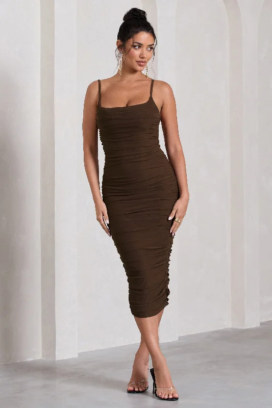 Early Access Bree | Chocolate Ruched Mesh Strappy Bodycon Midi Dress