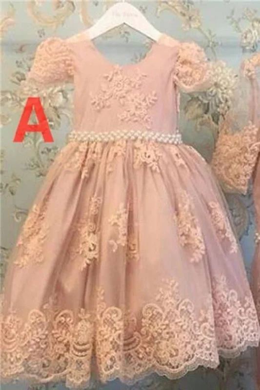 Today Only Cute Pink Lace Short Sleeves Beading Flower Girl Dresses,Baby Dresses