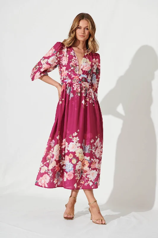 Clearance Sale Camie Maxi Dress In Magenta With Blush Floral