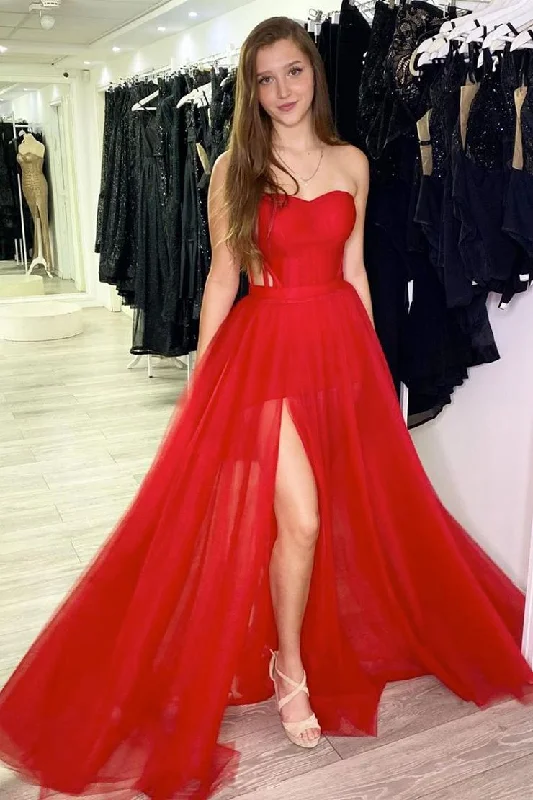 Can't Be Beat Simple Red Sleeveless A Line Sweetheart Tulle Prom Dresses
