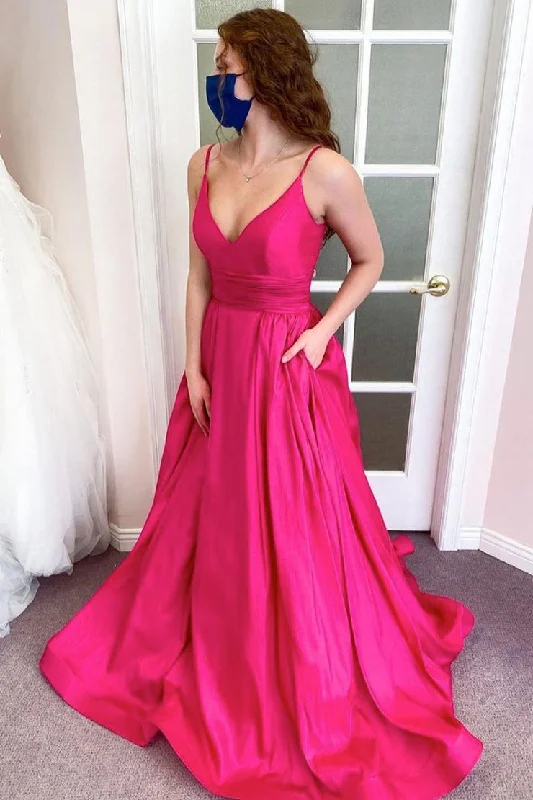 The Best Prices Simple Pink Sleeveless V Neck Satin Long Prom Dresses