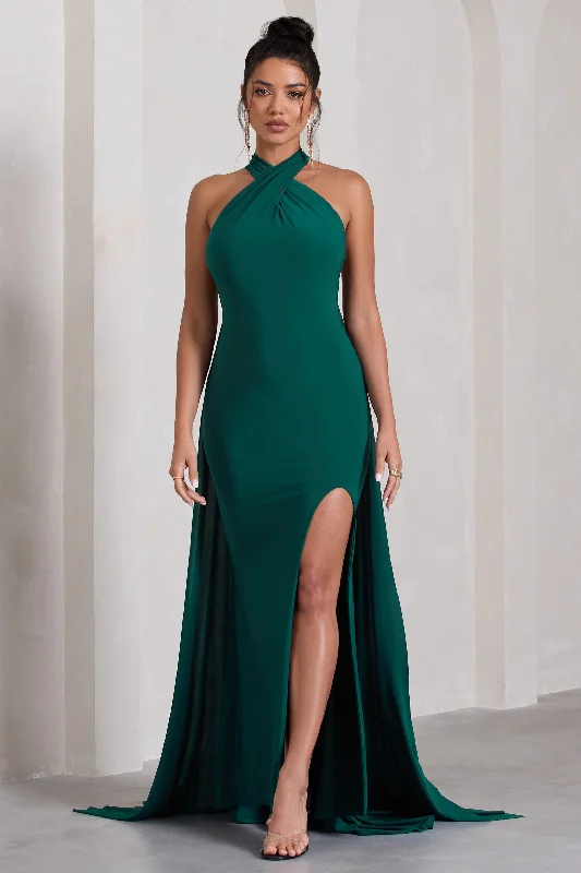 Great Deals Intertwined | Bottle Green Halter-Neck Open-Back Split Maxi Dress With Scarf Detail