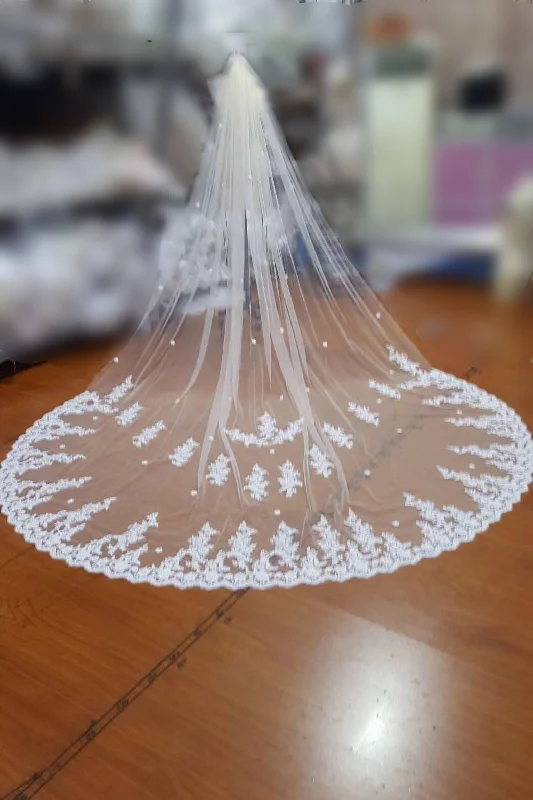 Mega Sale Charming Tulle Lace Applique Chapel Veils Long Wedding Veil