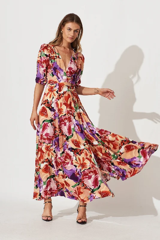 Deal Zone Ronda Maxi Wrap Dress In Pink With Purple Multi Floral