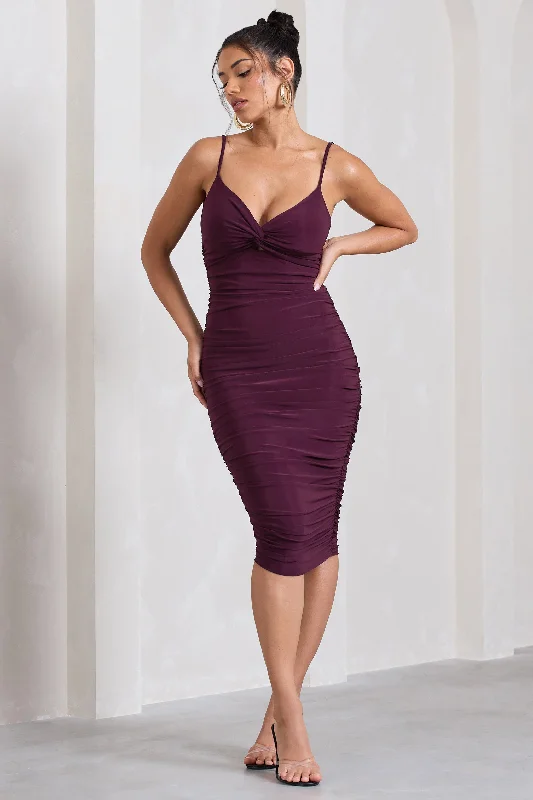 Buy More, Save More Desired | Plum Ruched Strappy Midi Dress