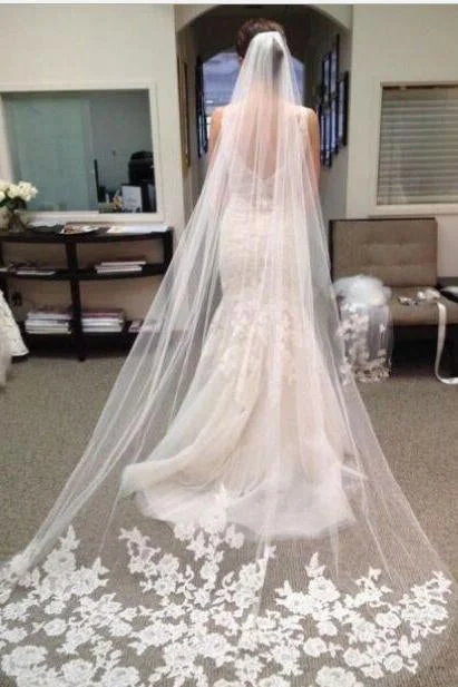 Season Finale Sale Lace Edge Chapel Length Tulle With Applique Wedding Veils