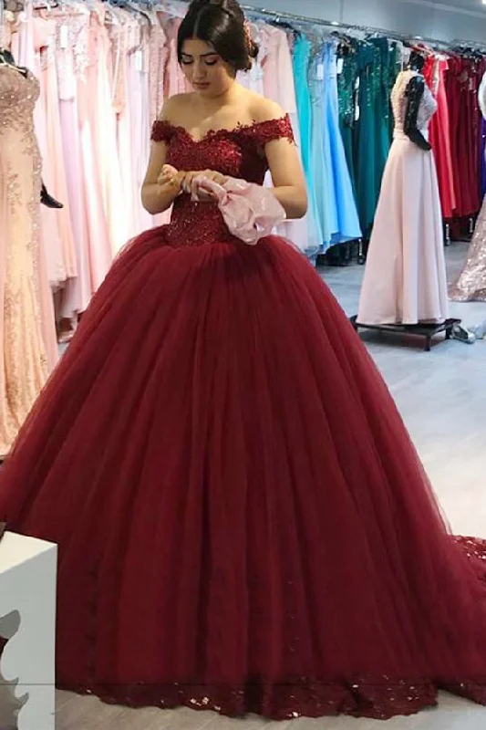 Super Sale Burgundy Ball Gown Off-the-Shoulder Tulle Prom Gown with Appliques