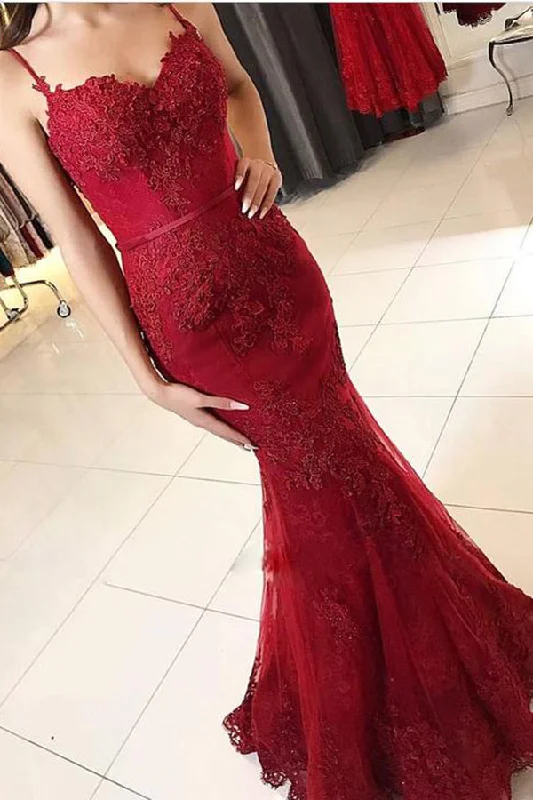 Big Discounts Impressive Red Spaghetti Straps Mermaid With Lace Appliques Prom Dresses Big Discounts Impressive Red Spaghetti Straps Mermaid With Lace Appliques Prom Dresses