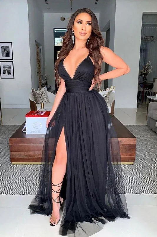 Super Bargain Simple Black V Neck Tulle Long Prom Dresses Formal Dresses