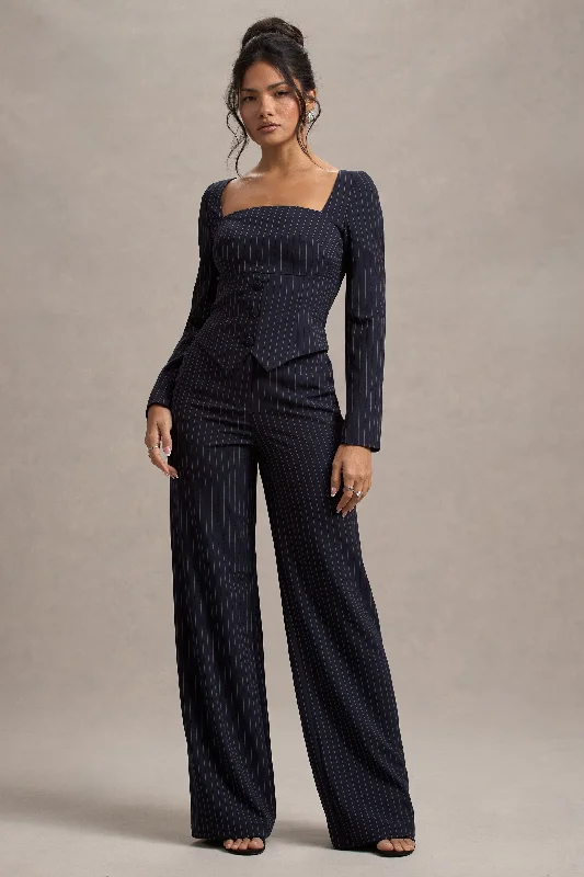 Overstock Sale New York | Navy Pinstripe Tailored Wide-Leg Trousers