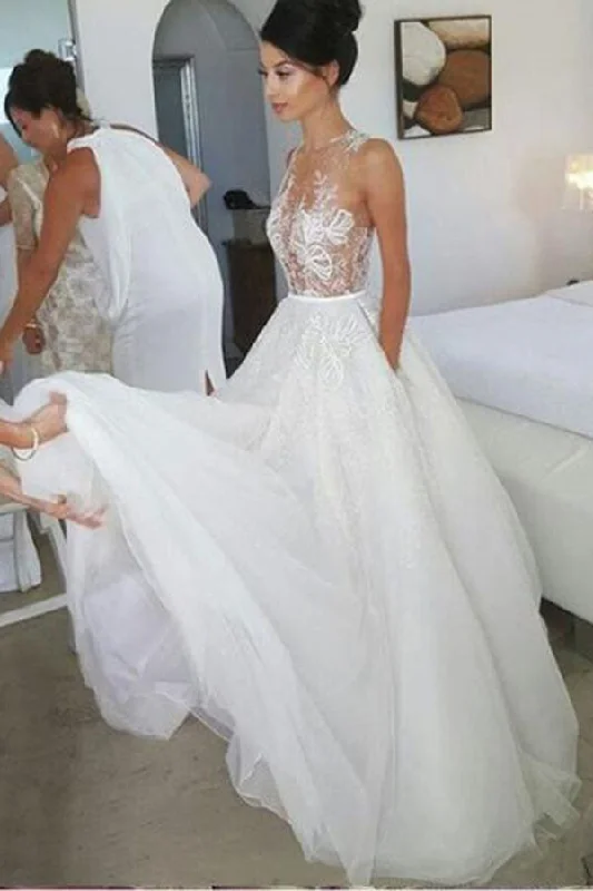Deep Discounts Chic Sleeveless A Line Tulle Lace Wedding Dresses Floor Length with Appliques Deep Discounts Chic Sleeveless A Line Tulle Lace Wedding Dresses Floor Length with Appliques