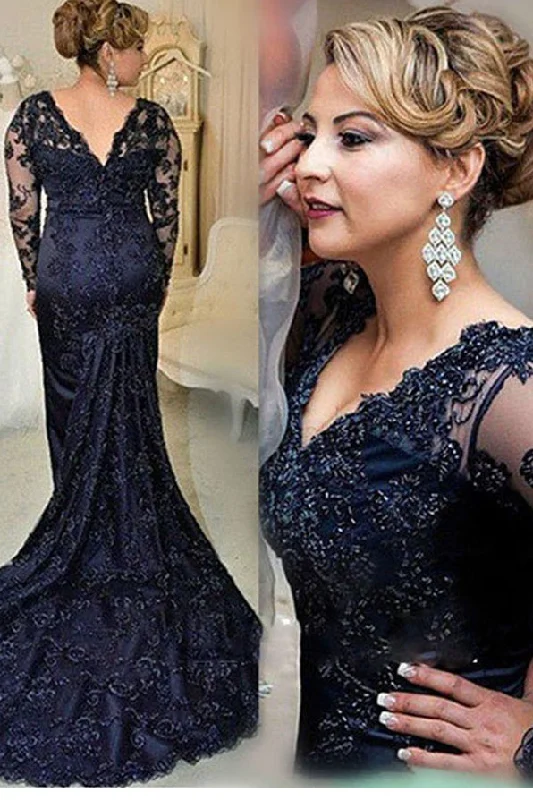 Today’s Deal Lace Long Sleeves V-neck Navy Blue Mother of the Groom Dresses