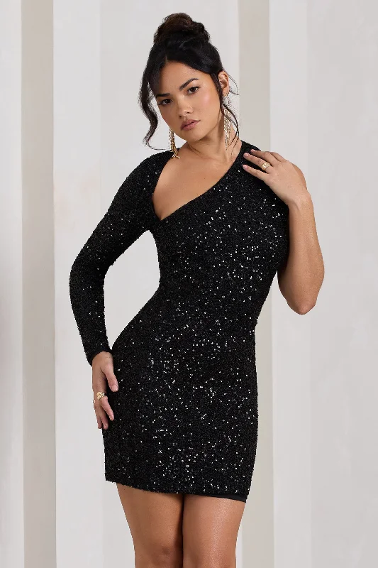 Closeout Sale Siren | Black Sequin One Shoulder Bodycon Mini Dress