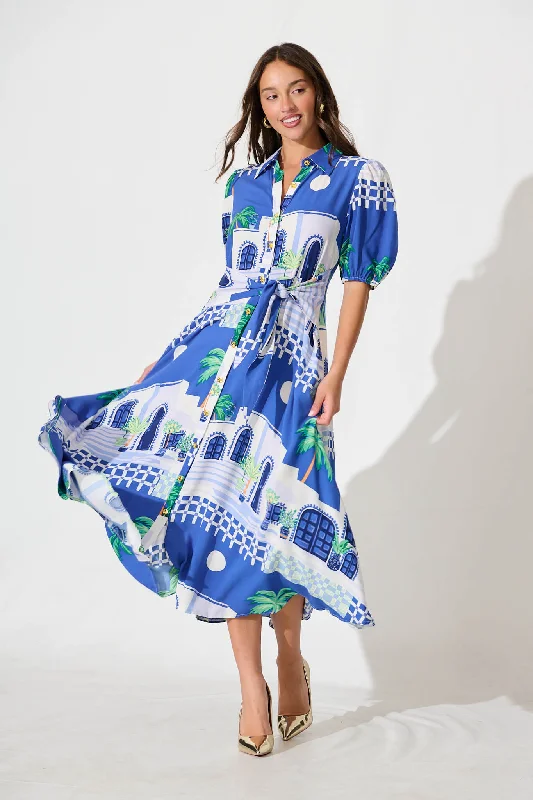 Unmissable Offer Bella Maxi Shirt Dress in Blue with White Print