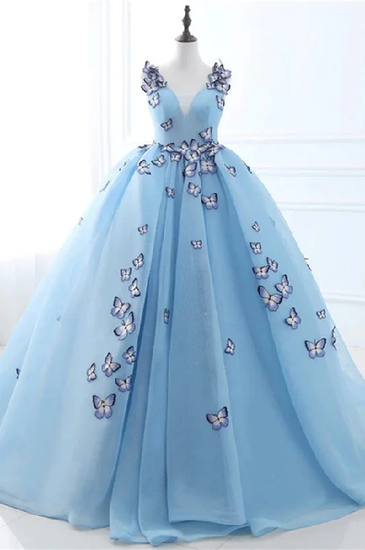 Crazy Deals Blue Butterfly Flowers Lace Up Ball Gowns Long Prom Dresses