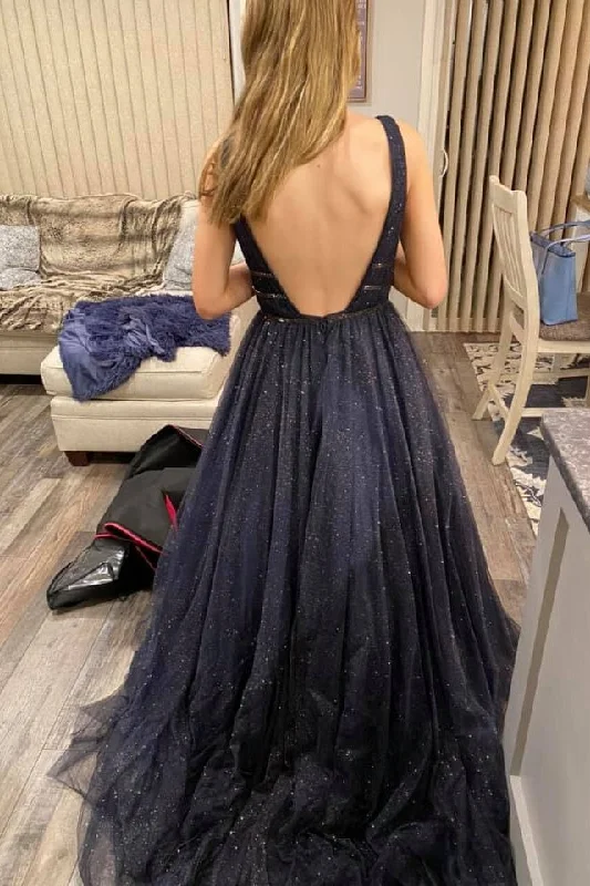 The Best Prices Backless Deep V-neck Glitter Long A-line Zipper Back Prom Dresses