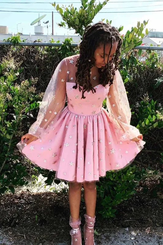 Lowest Price Glitter Star Long Sleeves Homecoming Dresses Starry Night Pink Sweet 15 Dresses Lowest Price Glitter Star Long Sleeves Homecoming Dresses Starry Night Pink Sweet 15 Dresses