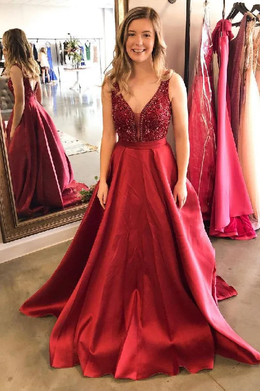 Best Bargains Red Prom Dresses Satin Beaded Ball Gown with Pockets